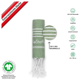 LeStoff Premium Hammam Towel 50 x 100 cm - 100% Organic Cotton, Prewashed, Sustainable, Lightweight, Compact, Absorbent & Quick Drying - Towel for Bath, Guests, Face, Sports, Travel, Camping (Olive)