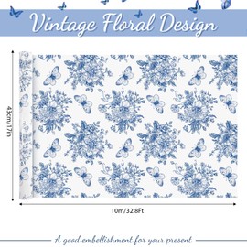 1 Roll Blue Floral Wrapping Paper Vintage Butterfly Flowers Pattern Gift Wrap Paper for Birthday Party Wedding Bridal Shower Spring Tea Party DIY Craft, 17 Inches X 33 Feet