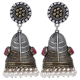 Efulgenz Boho Vintage Antique Ethnic Gypsy Tribal Indian Oxidized Silver Pearl Drop Floral Jhumka Dangle Earrings Jewelry