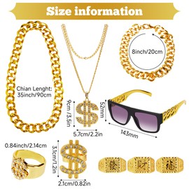 Hip Hop Costume Kit – Gold Chain, Dollar Sign Necklace, Rings & Sunglasses for 90s Fancy Dress, Rapper & Hip Hop Party Outfits