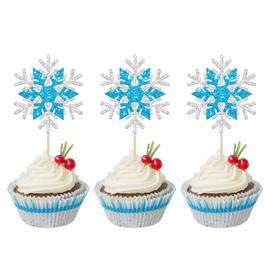 24Pcs Double Layers Snowflake Cupcake Toppers Glitter Winter Theme Snowflake Cupcake Picks Decorations for Baby Shower Kids Birthday Christmas Party Supplies
