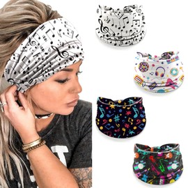 4 Pack Music Headbands for Women Men, Electric Musical Notes Instruments Disco Pattern Workout Hair Bands, Sweat Wicking Elastic Headband for Running Yoga Gym, Non-Slip Hair Wraps Gifts for Teachers