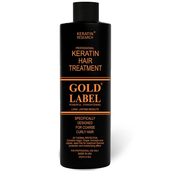 Gold Label Professional Brazilian Keratin Blowout Hair Treatment Super Enhanced Formula Specifically Designed for Coarse, Curly, Black, African, Dominican, and Brazilian Hair Types 240ml