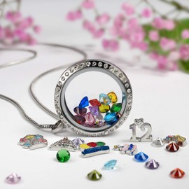 12th Birthday Gifts for Niece Daughter, 30mm Stainless Steel Glass Living Memory Floating Charms Locket Pendant Necklace with Birthstones