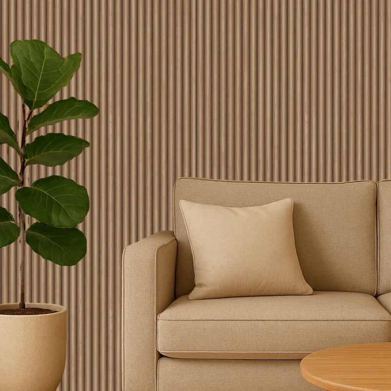 Ribbed Wood Effect Wallpaper – Dark Oak Fluted Panel Design
