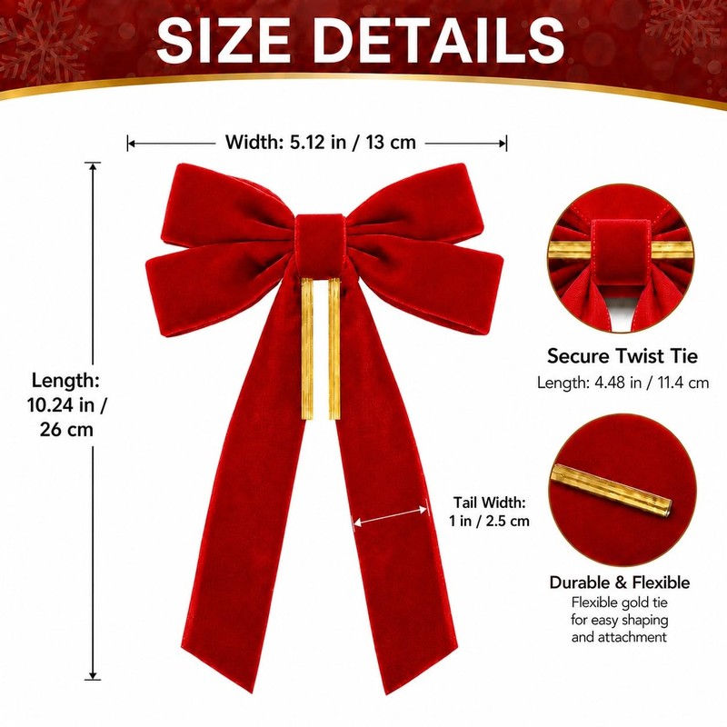 Red Velvet Christmas Tree Bows, 24 Pack, 5.1 x 10.2