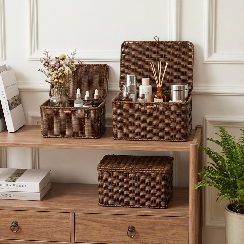 Nonam Wicker Storage Basket with Lid, Large Shelf Baskets for
