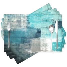 Linen Placemats Set of 4, Washable Modern Style Art Place Mats Set, Heat Resistant Non-Slip Table Mats Linen Teal Placemat for Cafe Dining Table Home Kitchen Decor (Turquoise Grey)