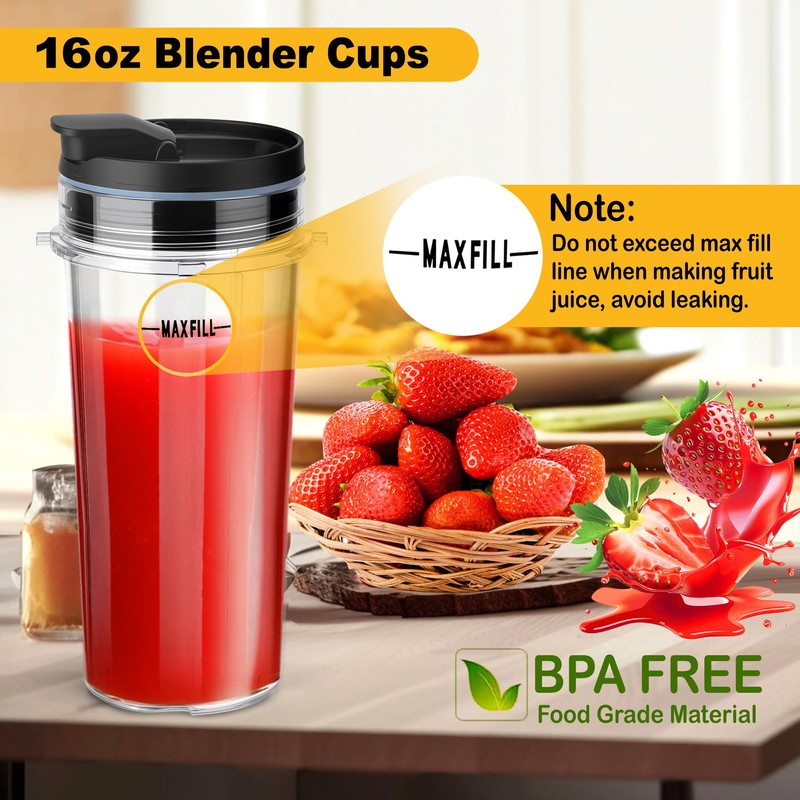 2Pcs Replacement 16oz Blender Cups with 4Pcs Sip & Seal