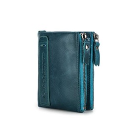 Contacts Men's Genuine Leather Bifold Wallet Double Zip Pocket Purse, blue, Vintage