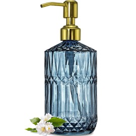 JASAI 18Oz Blue Glass Soap Dispenser with Golden Pump, Refillable Bathroom Soap Dispenser with Thick Glass, Clear Kitchen Soap Dispenser for Dish Soap, Hand soap, Lotion.(Blue)