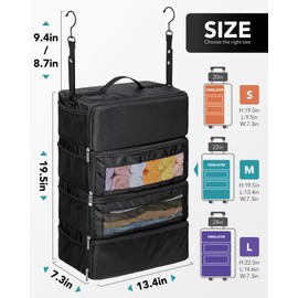 Vokelater Suitcase Organizer, Travel Luggage Organizer Hanging Shelves Packing Cube Organizer Closet/Collapsible Portable Travel Organizer for Carry-on, Medium, Black