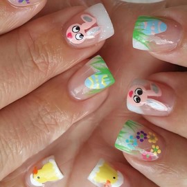 Easter Day Press on Nails Short Cute Rabbit Fake Nails Glossy Finish French Tip Spring Glue on Nails Easter Egg Acrylic False Nails Green Grass Glue on Nails Square Stick on Nails for Women 24Pcs