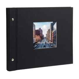 goldbuch 26897 Bella Vista Screw-On Album with Window Cut-Out Photo Album 30 x 25 cm Photo Album with 40 White Pages with Parchment Dividers Expandable Album Linen Photo Book Black