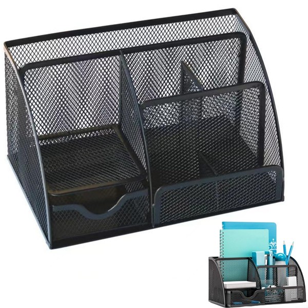 Zykphao Mesh Desk Organiser with Drawer | 6-Compartment Desk Tidy