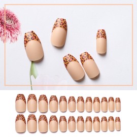 Dikixe Nude Leopard-print French Medium Coffin Press On Nails Full Cover Acrylic 24 Pcs Salon Reusable Matte Fake Nails with Strong Nail Adhesive Tabs for Women Girls