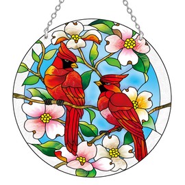 Large Size Cardinal Suncatcher - 8.6 inch Stained Glass Window Hanging - Pairs of Red Cardinal Birds - Cardinal Gifts for Women, Hand Painted Glass Cardinal for Birds Lover, Window, Patio