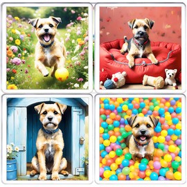 Border Terrier Dog Coaster Set. 4 different Border Terrier Dog Pictures on 10cm x 10cm Acrylic Coasters. Boxed Coaster Drip Mat Set.