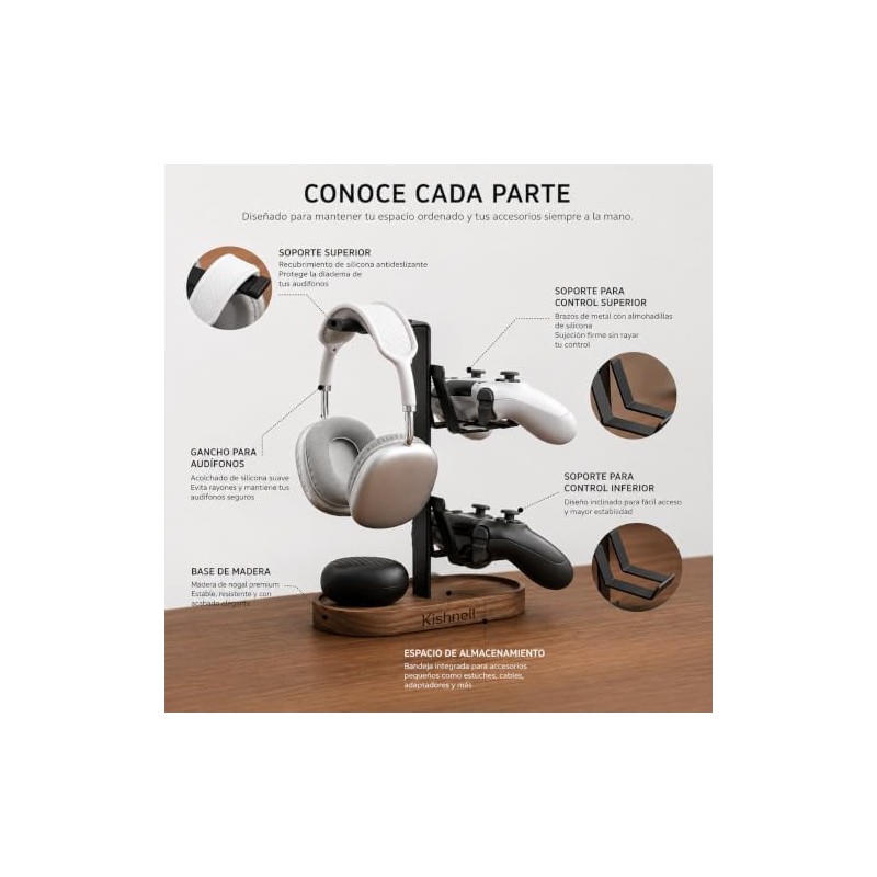 Soporte Gamer de Madera Nogal Universal para Audífonos y 2