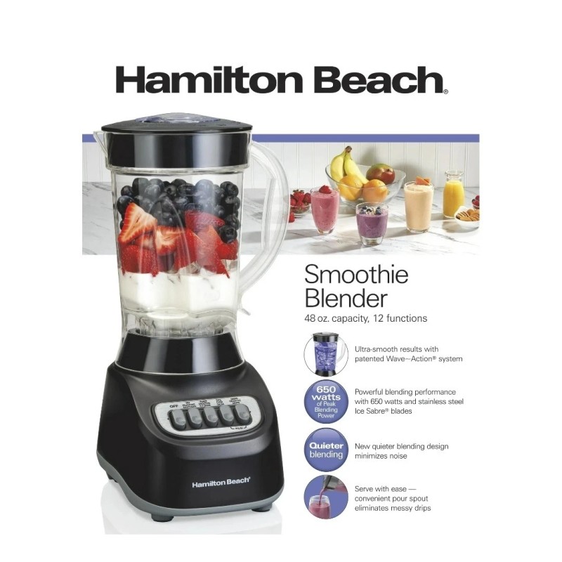 Hamilton Beach Smoothie Blender, 48 oz. Jar, Stainless Steel Blade,