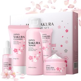 Sakura Skin Care Sets & Kits,Girls Pamper Set, Face Care Sets For Women,Cherry Blossom Skincare Teenage Girls Gifts - Cleanser,Toner,Serum,Eye,Essence Cream - Japanese Skincare