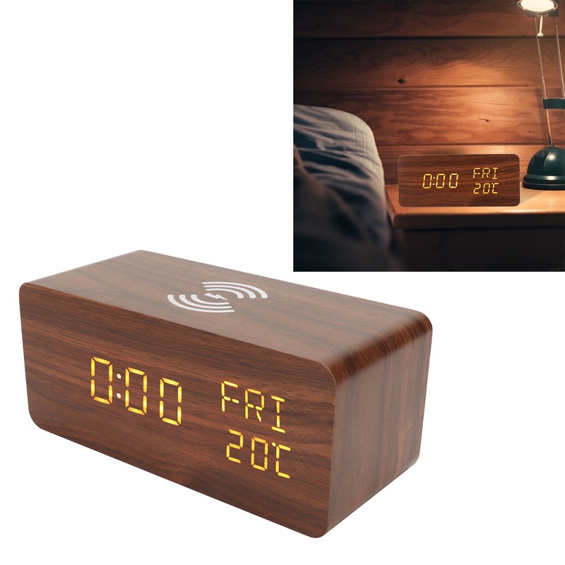 Wooden Digital Alarm Clock Yellow LED Display Adjustable Dimmer Weekday