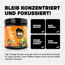 FTWIN HIGH VOLTAGE BOOSTER | For Gamers and E-PORTLERS | Reflex - Focus - Energy - Endurance | 320 g Powder = 40 Servings (Boomaye Punch)