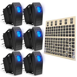 AutoEC 6Pcs Rocker Switch 12V 24V ON/Off Toggle Blue Light Switch 4 Pin SPST for Car Automotive Truck Boat Marine UTV with Night Glow DIY Sticker Labels