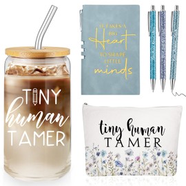 Domensi 6 Pcs Tiny Humans Tamer Teacher Appreciation Gift for Daycare Kindergarten Teacher 16oz Glass Can Straw Cup Leather Journal Ballpoint Pen Makeup Bag Thank You Christmas End-of-Year(Blue)