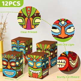 12PCS Tiki Party Boxes Hawaiian Luau Themed Party Decorations Tiki Totem Boxes Tropical Aloha Ornaments Table Centerpieces Box for Summer Beach Birthday Baby Shower Party Supplies Favors
