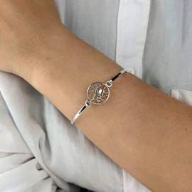 Silverly Women's .925 Sterling Silver Fine Round Bird in Tree Stackable Bangle Bracelet, Sterling Silver