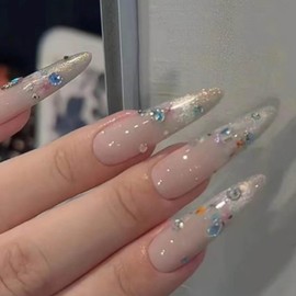 Kamize Fake Nails Long Silver Press on Stiletto Nails Full Cover Gradient Acrylic Cat Eyes Fake Nails for Women and Girls 24PCS