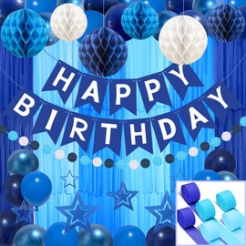 Recosis Birthday Decorations, Navy Blue Crepe Paper Streamers Happy Birthday Banner Honeycomb Ball Stars Hanging Swirl for Women Men Boys Girls Party Decorations