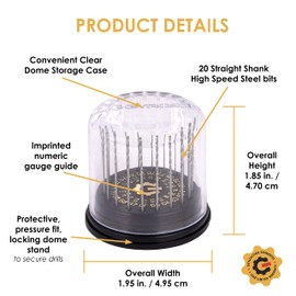 GYROS 20 PCS Mini Twist Drill Bit Set #61 to #80 w/Dome Storage Case, High-Speed Steel Wire Gauge Micro Drill Bits for Jewelry, Plastic, & Soft Metal | Small Drill Bits for Pin Vise & Rotary Tool