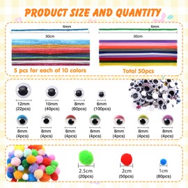 TOAOB 100 Stück Pfeifenreiniger Chenilledraht 250 Stück Selbstklebend Wackelaugen 150 Stück Mini Pompons für Handwerk DIY Kunstbedarf