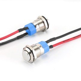 QZKJQDD 12 mm Waterproof Switch, Waterproof Push Button, Locking Push Switch, Self-Locking Stainless Steel Button Switch, 12 V/230 V, Suitable for Horns, Car Bells, Cars etc. with Wire (Pack of 2)