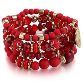 Ymapinc Stackable Red Beads Bracelets，Boho Bracelets For Women Stackable Friendship Wrap Bracelet Multi-Layer Beaded Crystal Stretch Bracelet Boho Preppy Charm Gemstone Party Favors