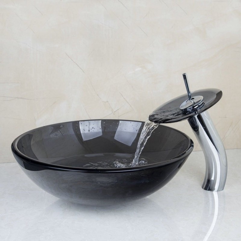 Yanksmart Vessel Sink Tempered Glass Round Bowl Mixer Waterfall Faucet