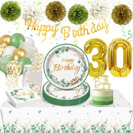 YIMAKJ 30th Birthday Decoration, 30th Party Decoration Birthday, 100 Pieces Eucalyptus Decoration Party Tableware Set, Green Birthday Decoration with Paper Plates, Paper Cups, Balloons, Tablecloths