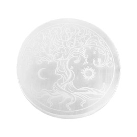NKlaus Selenite Plate Round 13.5 cm with Mystical Tree, Sun & Moon Engraving - Spiritual Charging Plate for Gemstones, Natural Decoration, Meditation Stone & Gift Idea 16600