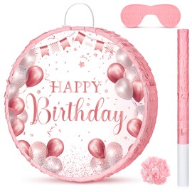 Birthday Pinata Happy Birthday Pinata with Stick Blindfold and Confetti for Boys Girls Men Women Birthday Party Supplies (Rose Gold)