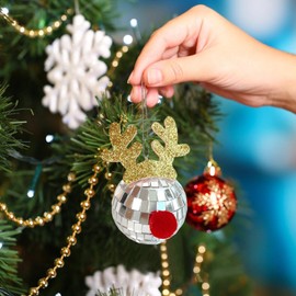 Disco Ball Car Mirrors Ornament - Christmas Tree Decoration Pendants with Deer Antler | 12X Disco Ball Charm Accessories Holiday Party Disco Mirrors Christmas Ball Ornaments