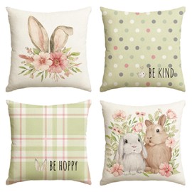 Artoid Mode Green Rabbit Ears Rabbit Flowers Easter Cushion Covers Set of 4 45 x 45 cm Stripe Polka Dots Spring Decorative Cushion Cover Couch Living Room Decoration