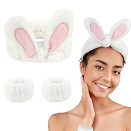 XOXVURI Hairband with Wrist Set for Make-Up - Women's Cosmetic Headband Elastic Coral Fleece Hair Bands for Washing Face Spa Yoga Sports Beauty, White