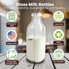 The Dairy Shoppe Heavy Glass Milk Bottles - Jugs with Lids and Silicone Pour Spouts - Clear Milk Containers for Fridge - Reusable Glass Milk Jug Dispenser - Made in USA (33.8 oz, 4 Pack)