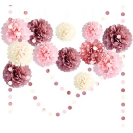 Jindizi Flores de Papel de Seda, 15 Pompones de Papel de Seda Rosa con Guirnalda de Papel para Colgar Telón de Fondo para Cumpleaños de oro Rosa, Despedida de Soltera, Artesanía de Flores para Reuniones