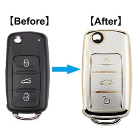 QIULIFAN Key Cover for VW Polo Golf4/5/6 Beetle Jetta Passat Tiguan T5 Bora Multivan Skoda Fabia MK6 Superb 3-Button TPU Key Case with Key Ring, Silver