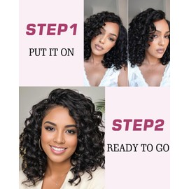 FASHION IDOL Short Curly Human Hair Bob Wigs for Women Wear and Go Deep Wave Lace Front Wig C-Part 12" Wig Pre plucked with Baby Hair Natural Black 180% Density
