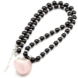 ElisaJewelryArt - Natural Rose Quartz Pendant Natural Black Onyx Beaded Necklace Genuine Gemstone Love Stone Clasp Closure Hematite Necklace Unisex Necklace (26, Rose Quartz)