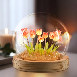 ONXE Mothers Day Gifts for Mom from Daughter, Tulip Night Light Glass Flower Lamp with Wooden Base for Home Decor Unique Romantic Birthday Gifts for Women | ONXE